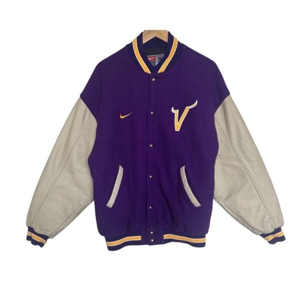 VTG Nike Minnesota Vikings Letterman Varsity Jacket Snap Lined Mens XL Purple